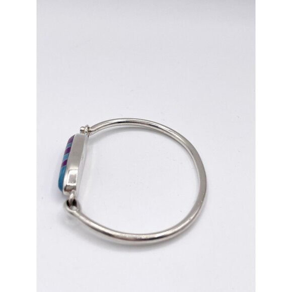 VTG 925 Sterling Silver Turquoise & Sugilite Inlay Hinged Bangle Bracelet Mexico - Picture 6 of 12